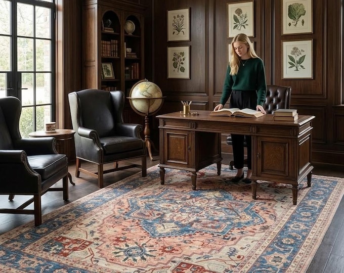 9.11 X 13.0 ft Beige and Blue Floral Handmade ,Heriz Cotton and Wool