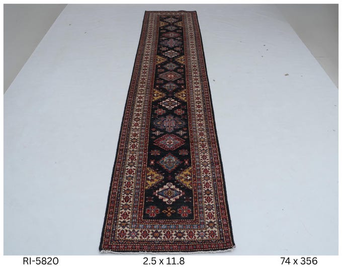 Hand-Knotted Kazak Rug, Black Geometric Wool Runner (2.5 x 11.8 ft)