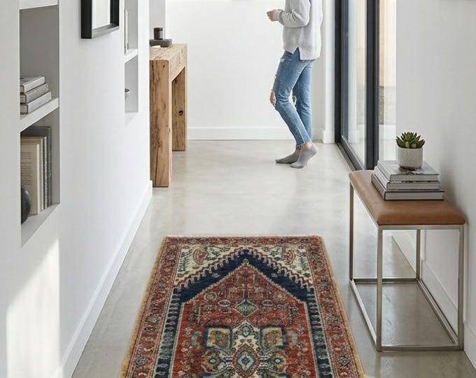 2.1 X 4.1 ft Copper Floral Handmade Runner ,Heriz Cotton and Wool