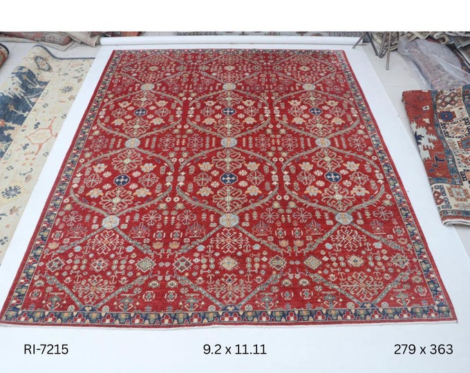 Hand-knotted Heriz Cotton and Wool Rug, Floral in Red base and Blue border, 9.2 x 11.11 ft
