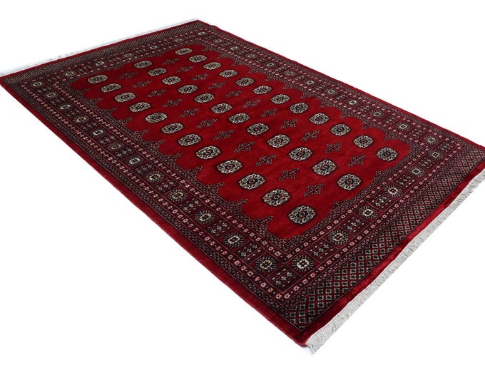 5.7 X 8.3 ft Red Geomatrical Handmade Runner, Mori Bokhara Cotton and Wool