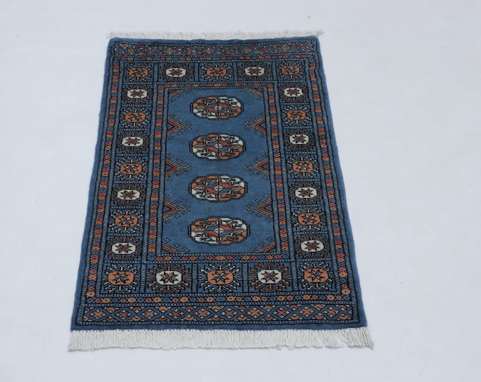 2 X 3 ft Blue Geometrical Handmade, Mori Bokhara Cotton and Wool