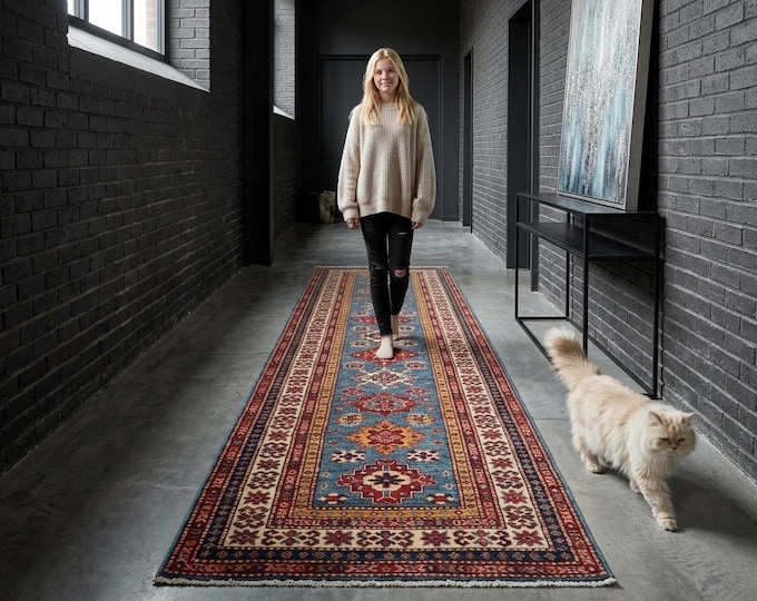 2.7 X 8.0 ft Blue and Beige Geomatrical Handmade Runner, Super Kazak Cotton and Wool