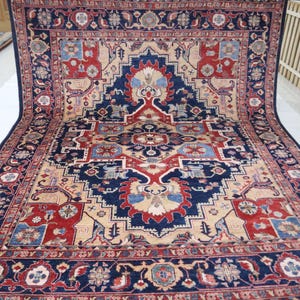 8x10 Heriz Area Rug - Brown Blue Persian Style Afghan Hand Knotted Geometric Veg Dye Wool Rug - Traditional Rug - Bedroom Rug - Office Rug