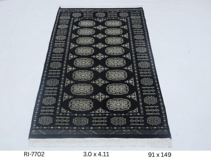 Hand-knotted Mohri Bokhara Cotton and Wool Rug, Geomatrical in Black base and Black border, 3.0 x 4.11 ft
