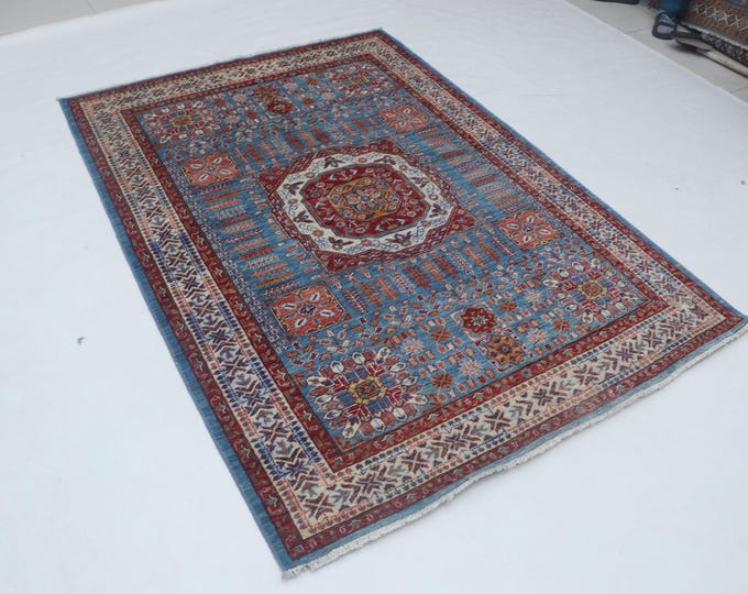 4.8 x 6.7 ft Beige and Blue Geomatrical Handmade , Super Kazak Cotton and Wool