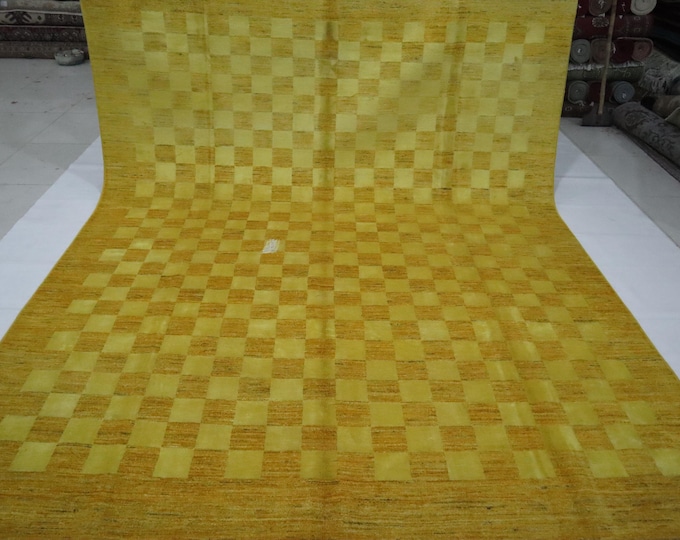 8x10 Golden Yellow Wool Rug - Afghan Checkered Gabbeh Handmade