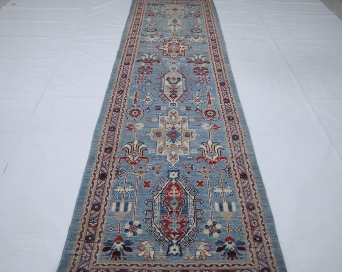 10 Ft Afghan Chobi Runner Rug, Light Blue Floral Wool, Hand Knotted