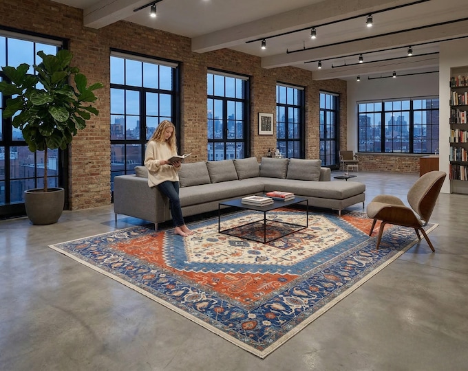 9.11 X 13.8 ft Blue and Beige Floral Handmade ,Heriz Cotton and Wool