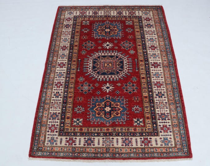 3 X 5 ft Red and Beige Geomatrical Handmade, Super Kazak Cotton and Wool