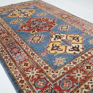 3x5 Oriental Kazak Area Rug - Blue Red Afghan Handmade Geometric Design Fine Quality Wool Rug - Kitchen Rug - Bedroom Rug - Foyer Rug