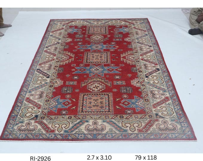 Hand-knotted Super Kazak Cotton and Wool Rug, Geomatrical in Red base and Beige border, 2.7 X 3.10 ft