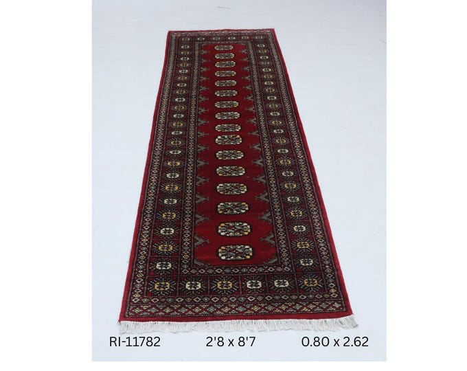 Hand-knotted Mohri Bokhara Cotton and Wool Rug, Geomatrical in Red base and Red border, 2.8 x 8.7 ft