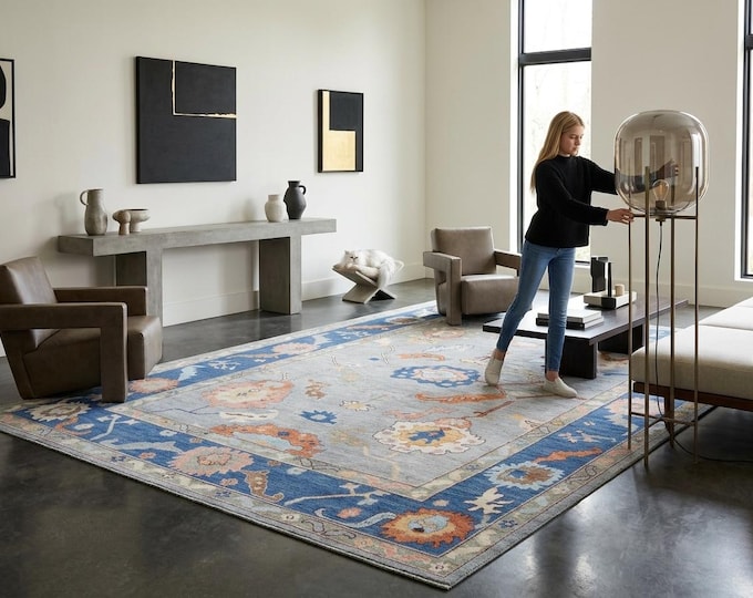 10.5 X 13.9 ft Blue and Gray Floral Handmade ,Oshak Wool