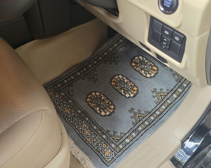 1.5 X 2 ft Geomatric Handmade Car Mats Pair, Gray Wool Car Floor Rugs, Cotton and Wool