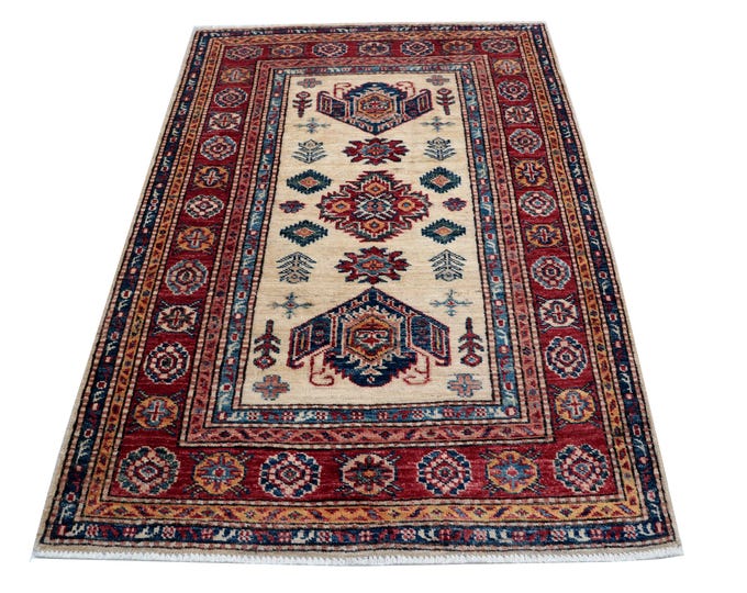 2.8 X 4.0 ft Beige and Red Geomatrical Handmade, Super Kazak Cotton and Wool
