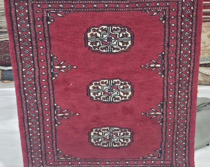 2 X 3 ft Red Geometrical Handmade, Mori Bokhara Cotton and Wool