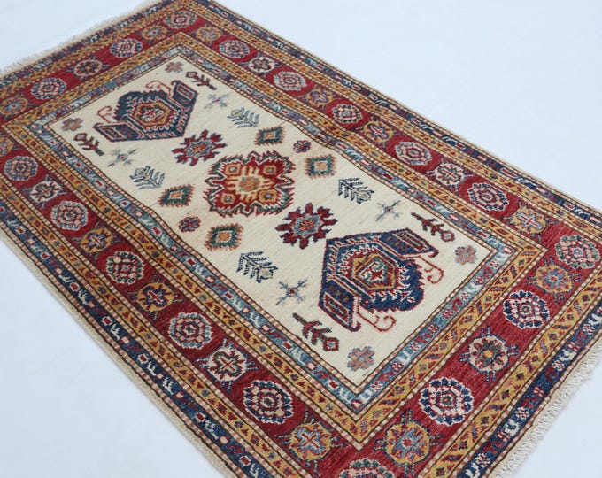 2.5 X 4 ft Handmade Geometrical Super Kazak Rug, Beige and Red, Cotton and Wool