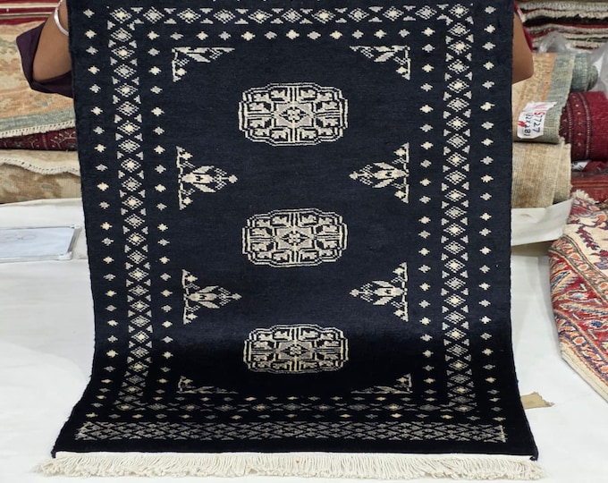 2 X 3 ft Black Geomatrical Handmade, Mori Bokhara Cotton and Wool