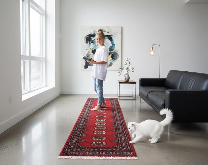 2.0 X 5.9 ft Red Geomatrical Runner Handmade, Mori Bokhara Cotton and Wool