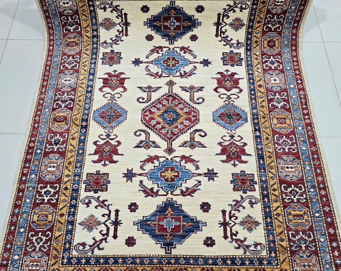 5 X 6.5 ft Handmade Geometrical Super Kazak Rug, Beige and Red, Cotton and Wool