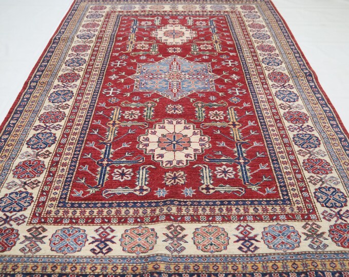 Handmade 6x8 Red Afghan Wool Rug – Geometric Kazak Design