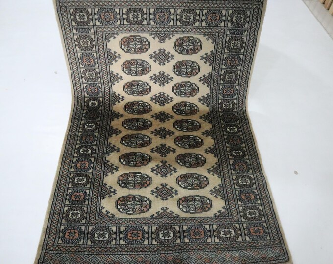 Hand Knotted Beige Wool Rug, Mori Bokhara Tribal Rug (3x5 Ft)