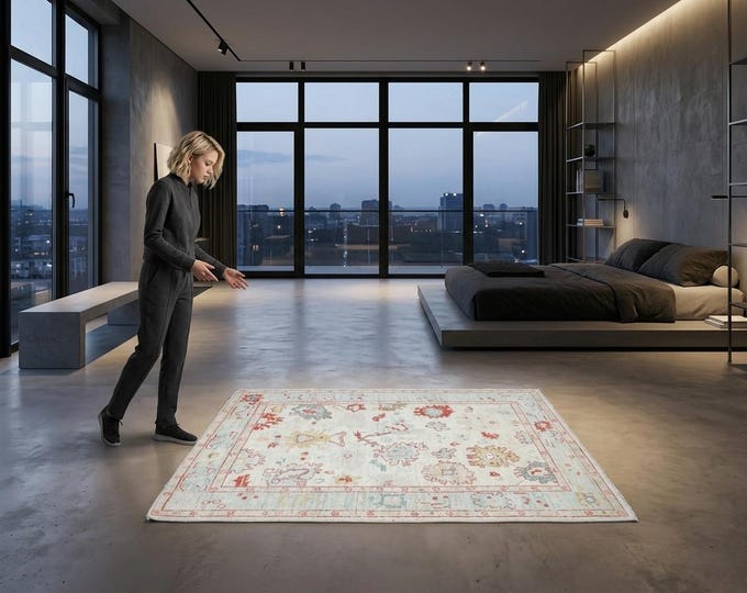 4.1 X 6.3 ft Blue and Beige Floral Handmade ,Oshak Wool