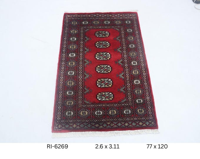 Hand-Knotted Mori Bokhara Rug, Cotton and Wool, Red Geometric (2.6 x 3.11 ft)