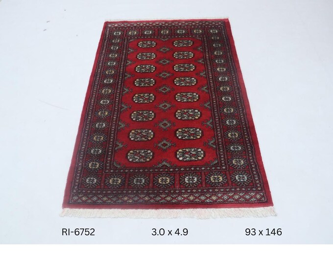 Hand-knotted Mohri Bokhara Cotton and Wool Rug, Geomatrical in Red base and Red border, 3.0 x 4.9ft