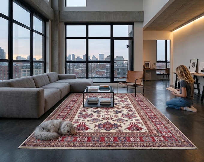 5.5 X 8.3 ft Beige and Red Geomatrical Handmade, Super Kazak Cotton and Wool