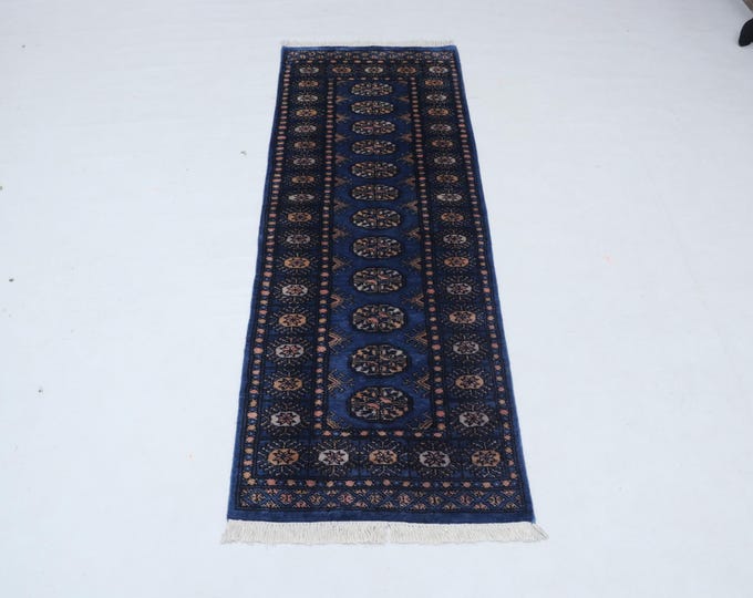 2.1 X 5.11 ft Blue Geomatrical Runner Handmade, Mori Bokhara Cotton and Wool