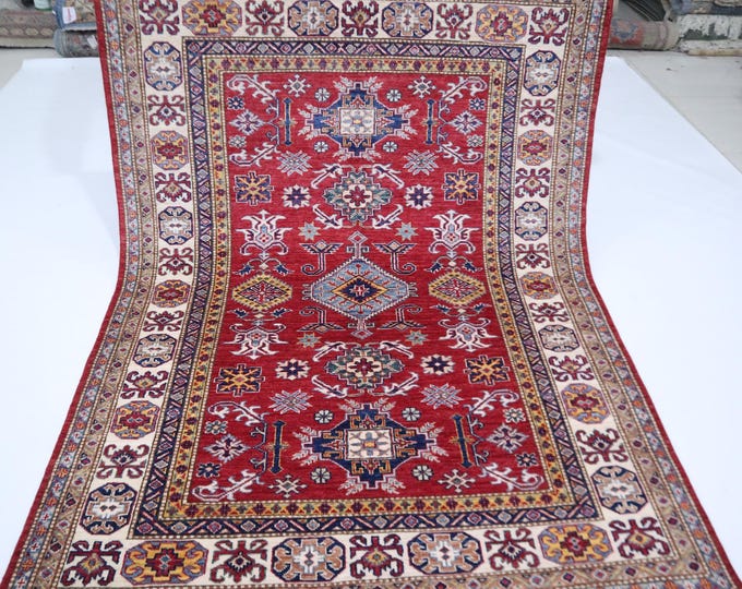 5x7 Red Kazak Rug – Hand-Knotted Afghan Wool, Geometric Design