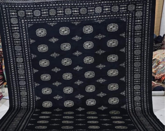 8  X10 ft Black Geometrical Handmade , Mori Bokhara Cotton and Wool