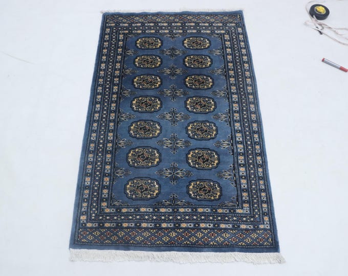 2.7X 4.2 ft B;ue Geomatrical Handmade Runner, Mori Bokhara Cotton and Wool