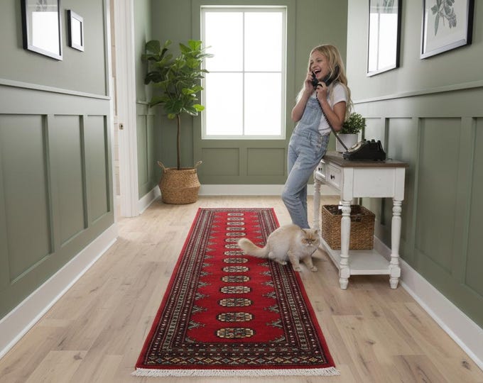 2.1 X 5.11 ft Red Geomatrical Runner Handmade, Mori Bokhara Cotton and Wool