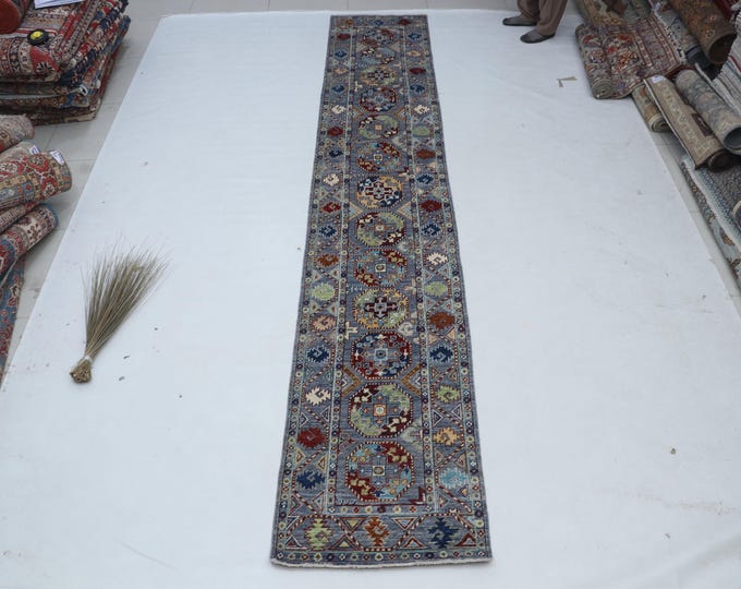 2 X 13 ft Gray Floral Handmade Runner, Chobi Cotton and Wool
