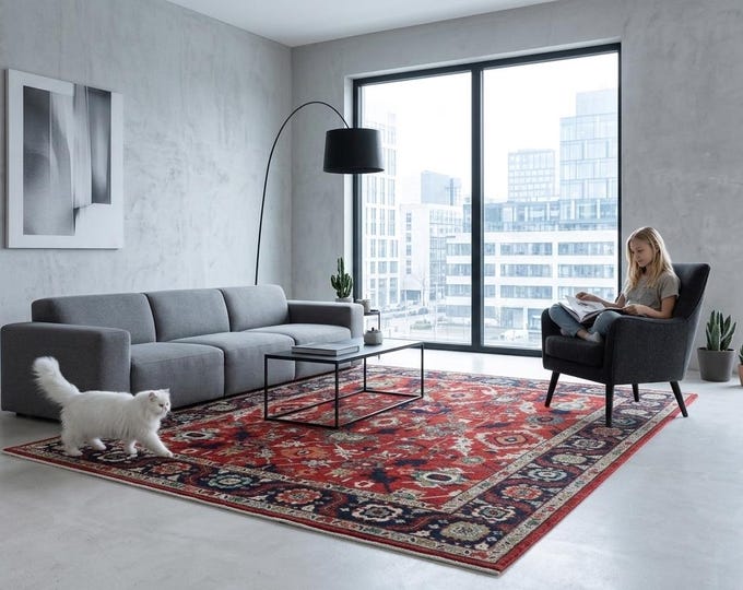 8.2 X 9.9 ft Red and Black Floral Handmade ,Heriz Cotton and Wool