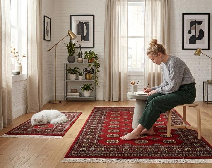 3.11 X 5.2 ft Red Geomatrical Handmade Runner, Mori Bokhara Cotton and Wool