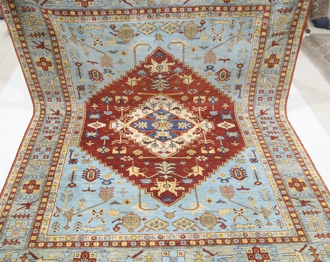 Light Blue Heriz Wool Rug – 8x10 Afghan Handmade Medallion Rug