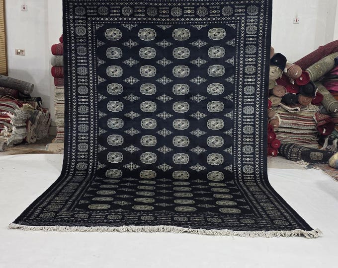 7 x 10 ft Black Geometrical Handmade, Mori Bokhara Cotton and Wool