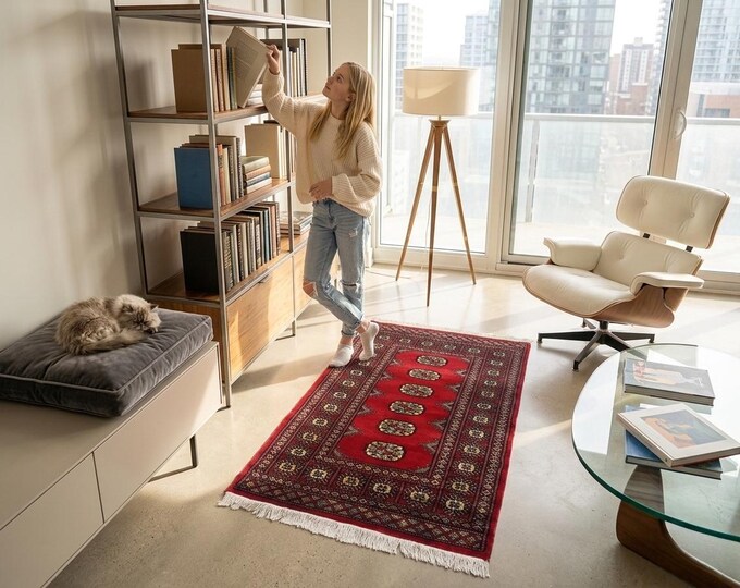 2.7X 4.0 ft Red Geomatrical Handmade Runner, Mori Bokhara Cotton and Wool