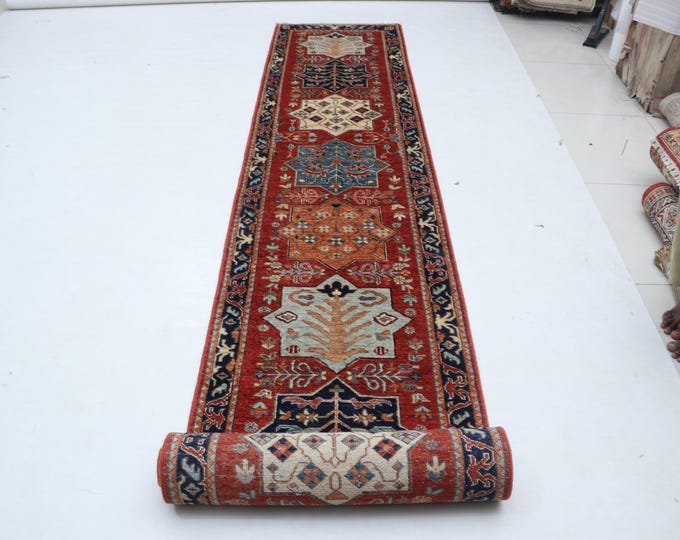 2.6 X 18.10 ft Red and Blue Floral Handmade Runner ,Heriz Cotton and Wool
