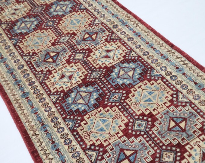 10 Ft Red Afghan Wool Runner Rug – Handmade Geometric Veg Dye