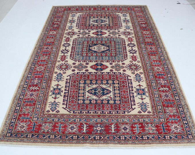 5 X 8 ft Beige and Red Geomatrical Handmade, Super Kazak Cotton and Wool