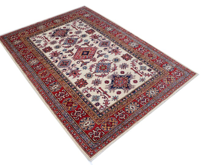 5 X 7 ft Beige and Red Geomatrical Handmade, Super Kazak Cotton and Wool