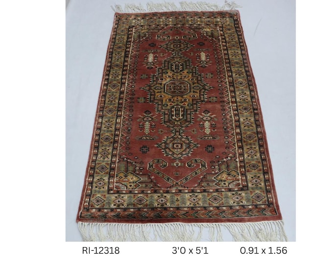 Hand-Knotted Wool & Silk Touch Rug, Red Geometric Design, 3.0 x 5.1 ft