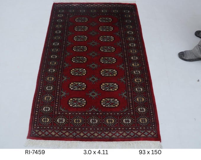 Hand-knotted Mohri Bokhara Cotton and Wool Rug Geomatrical in Red and Red border, 3.0 x 4.11 ft