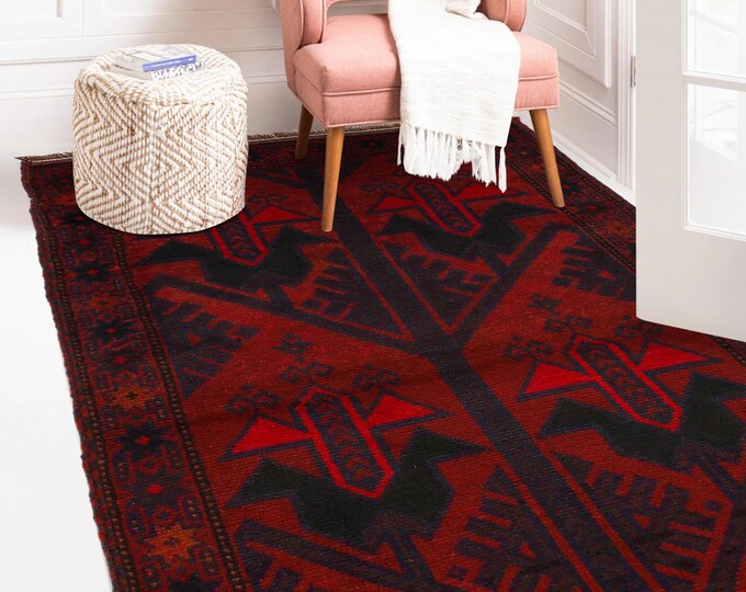 Hand-knotted Baluchi in Red and Blue 2.95 x 4.59 ft