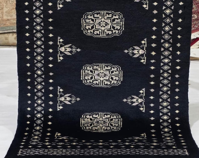 2 X 3 ft Gray Geometrical Handmade, Mori Bokhara Cotton and Wool